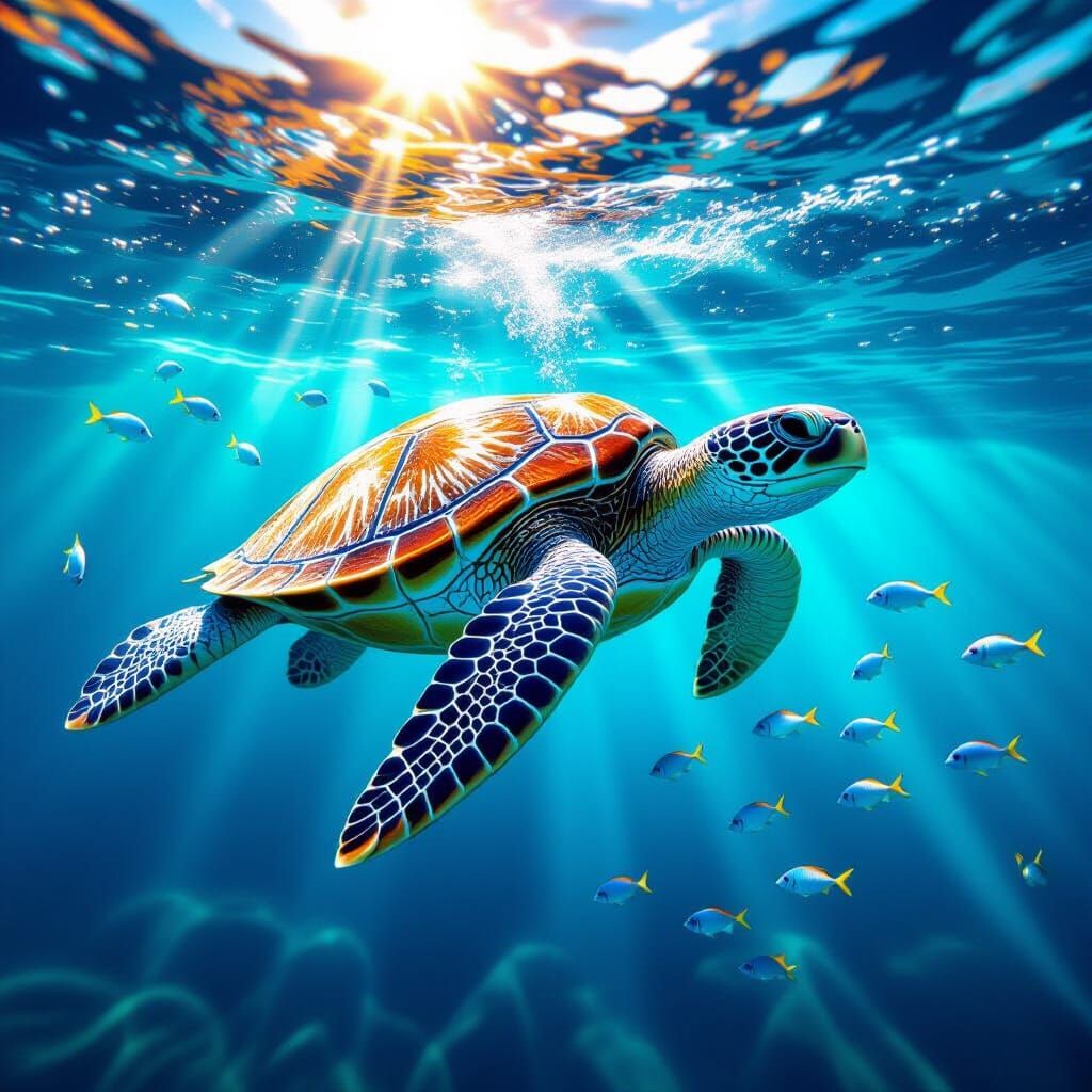 Majestic Sea Turtle in Sunlit Ocean Waters