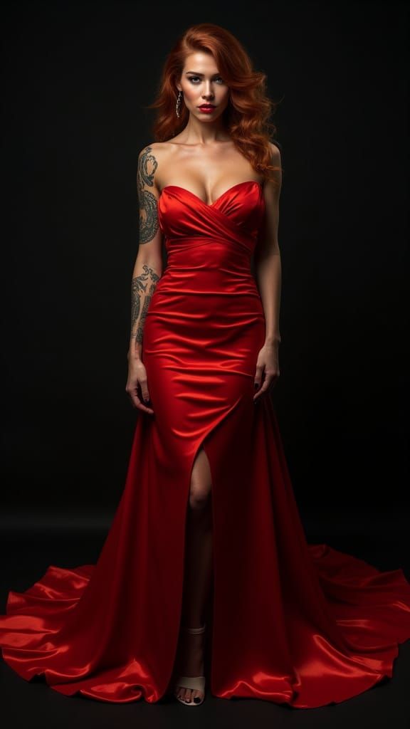 Statuesque Woman in Red Dress: Hyperrealistic Portrait