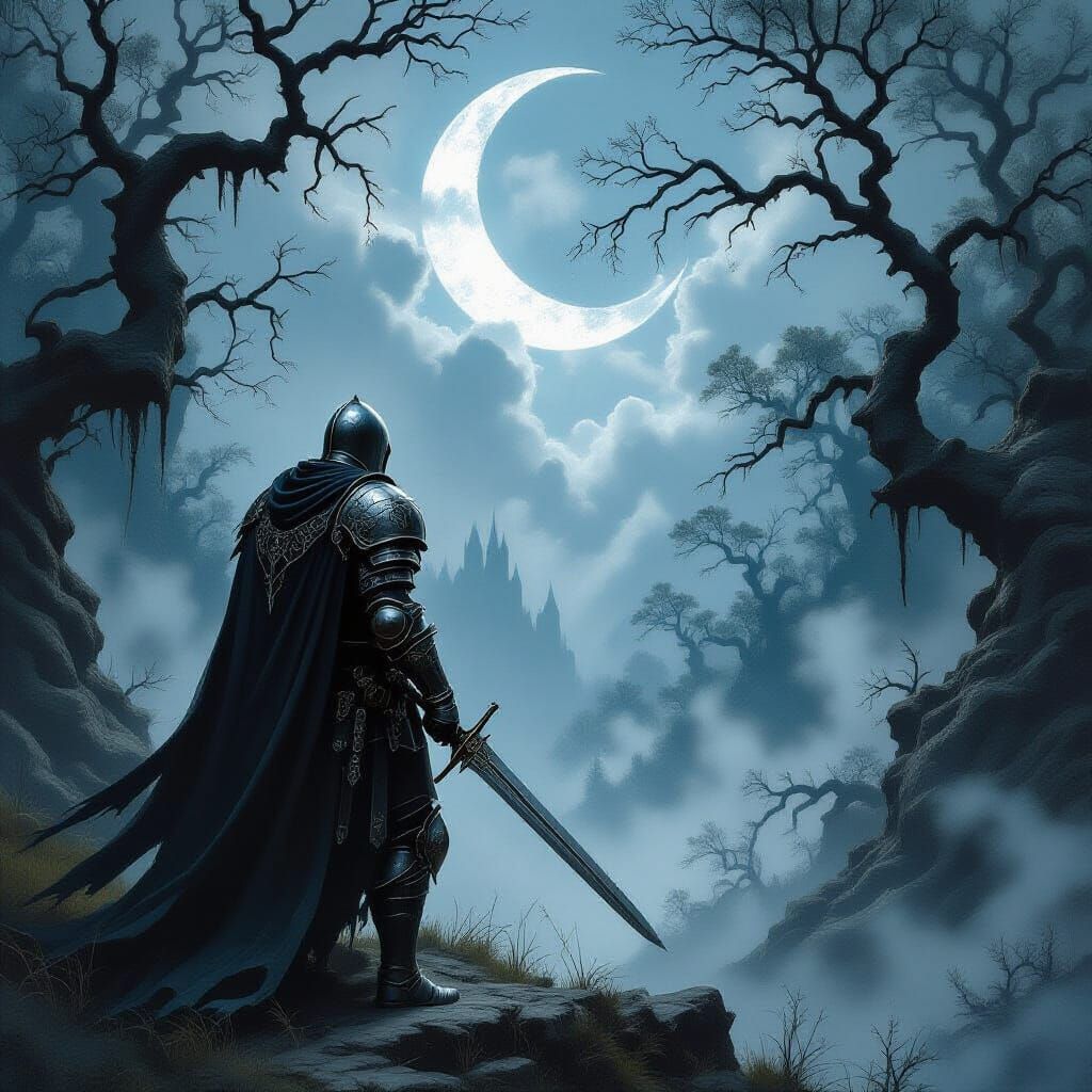 Templar Knight in Misty Forest, Gothic Atmosphere