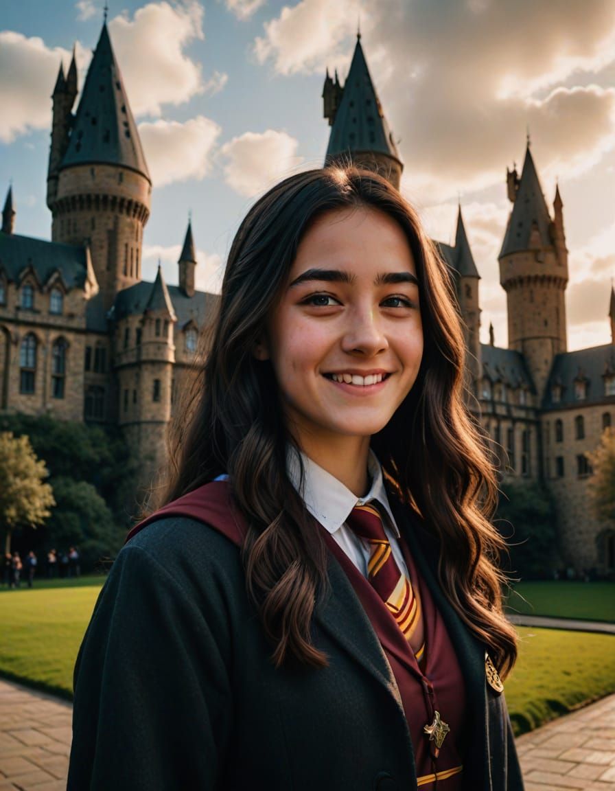 Gryffindor Girl Smiling in Hogwarts Uniform