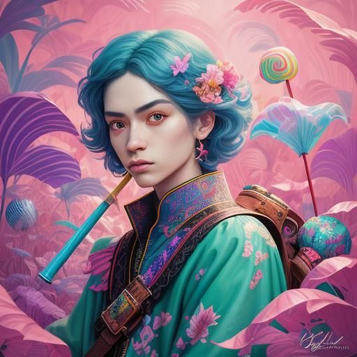 Boy with Sword in Candy Art Style Landscape