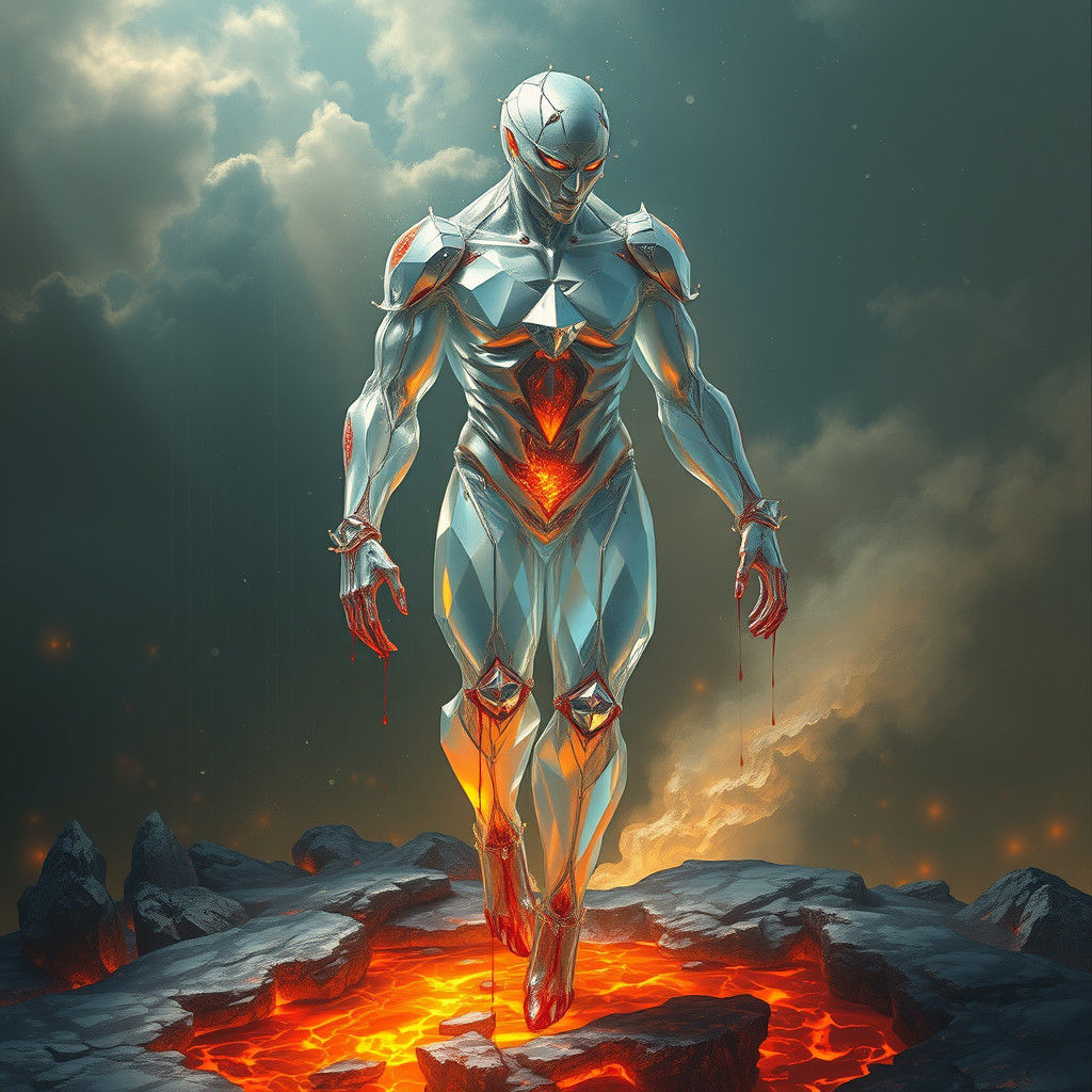 Iridescent Crystal Humanoid Emerges from Lava