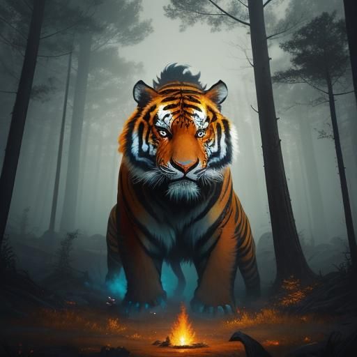 Fiery Tiger in Mystical Forest: Digital Painting
