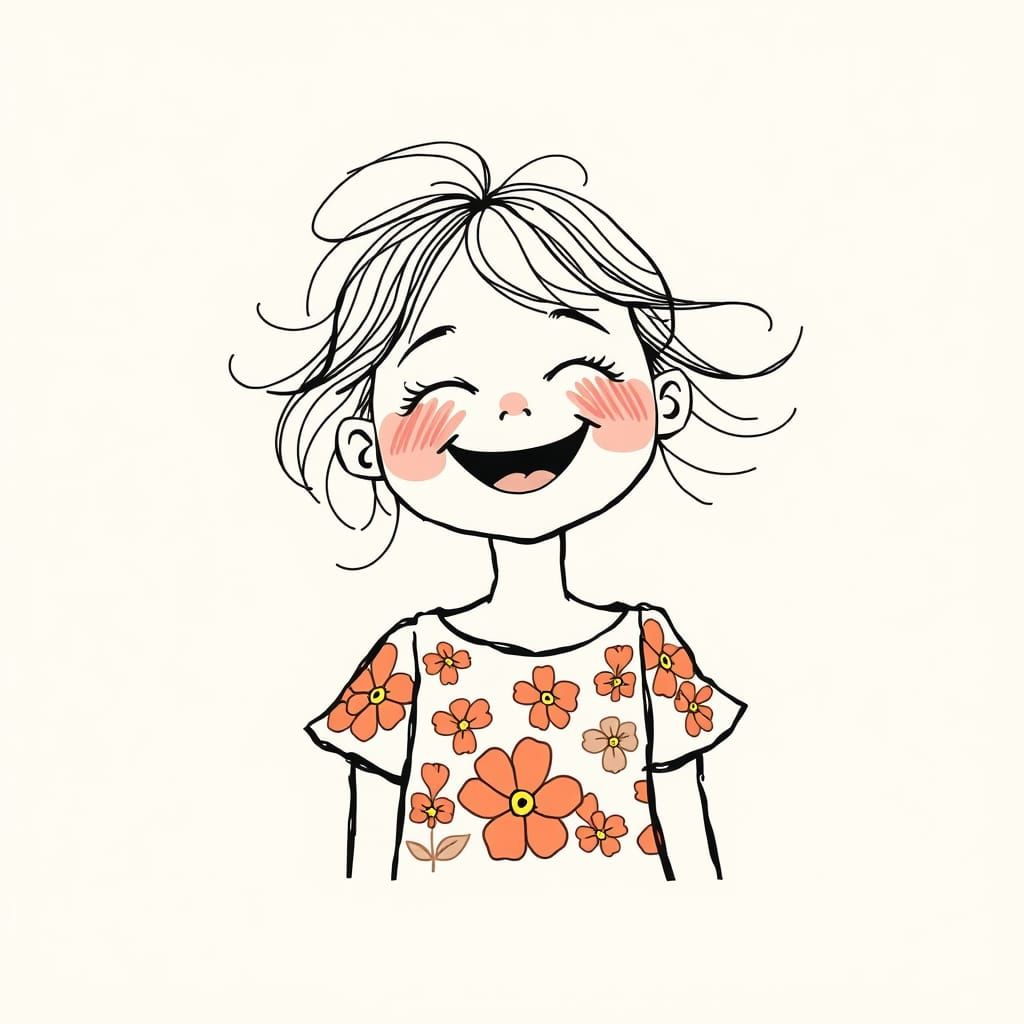Joyful Girl Line Drawing in Whimsical Style