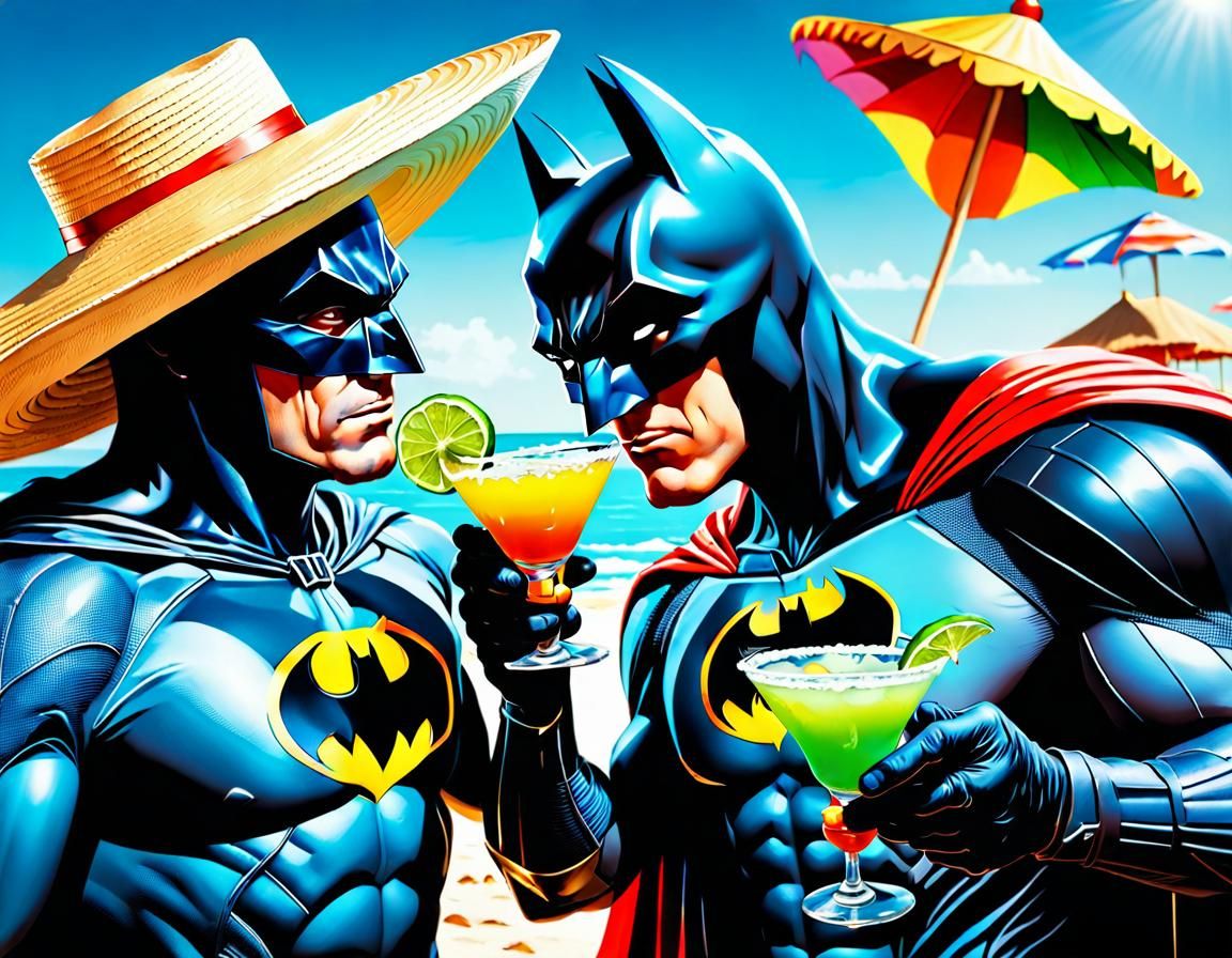 Superman and Batman on Tropical Beach, Hyperrealistic Art