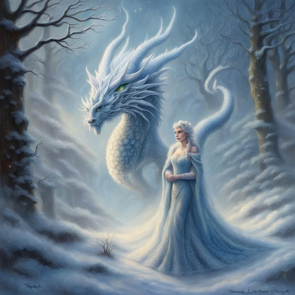 Winter Dragon Snow Queen Portrait in Ethereal Style