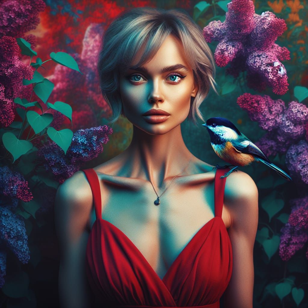 Woman with Chickadee in Hyperrealistic Style