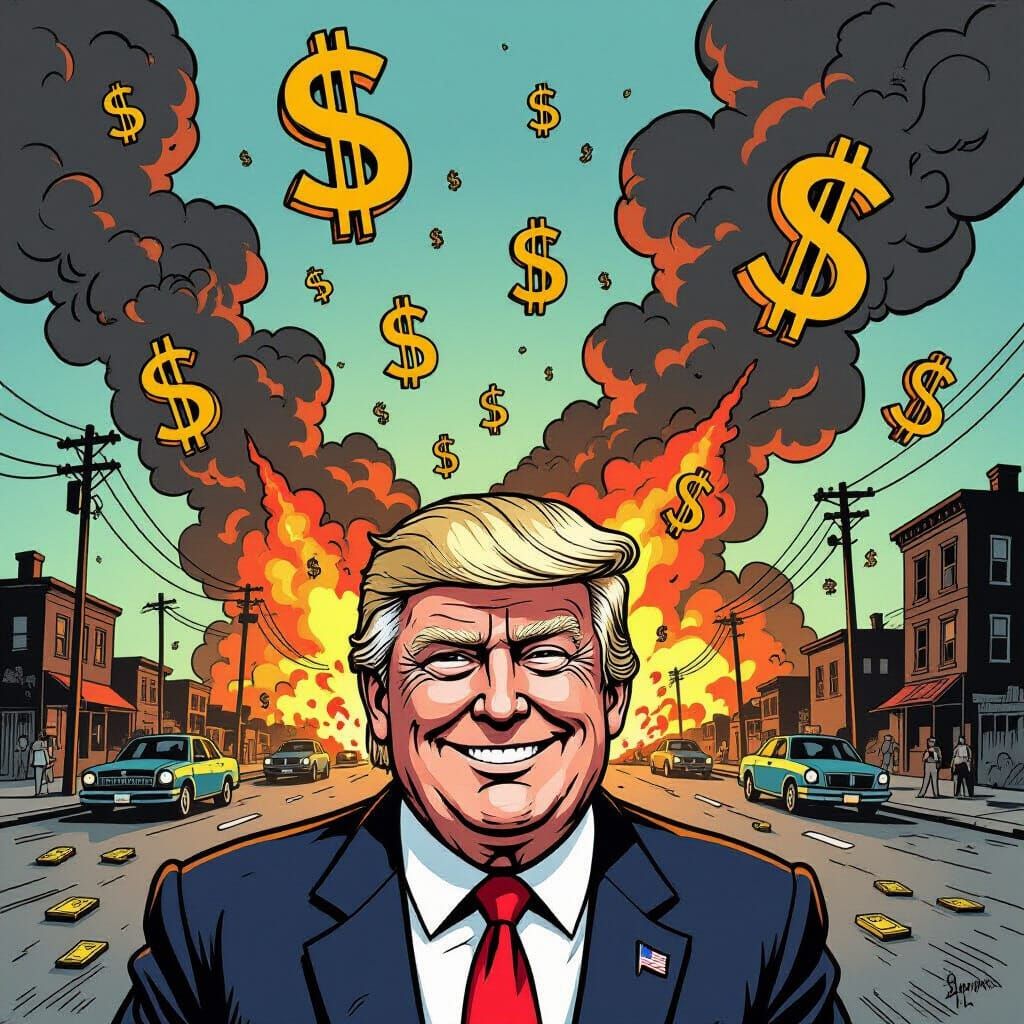 Satirical City Bombing with Laughing Figure and Money