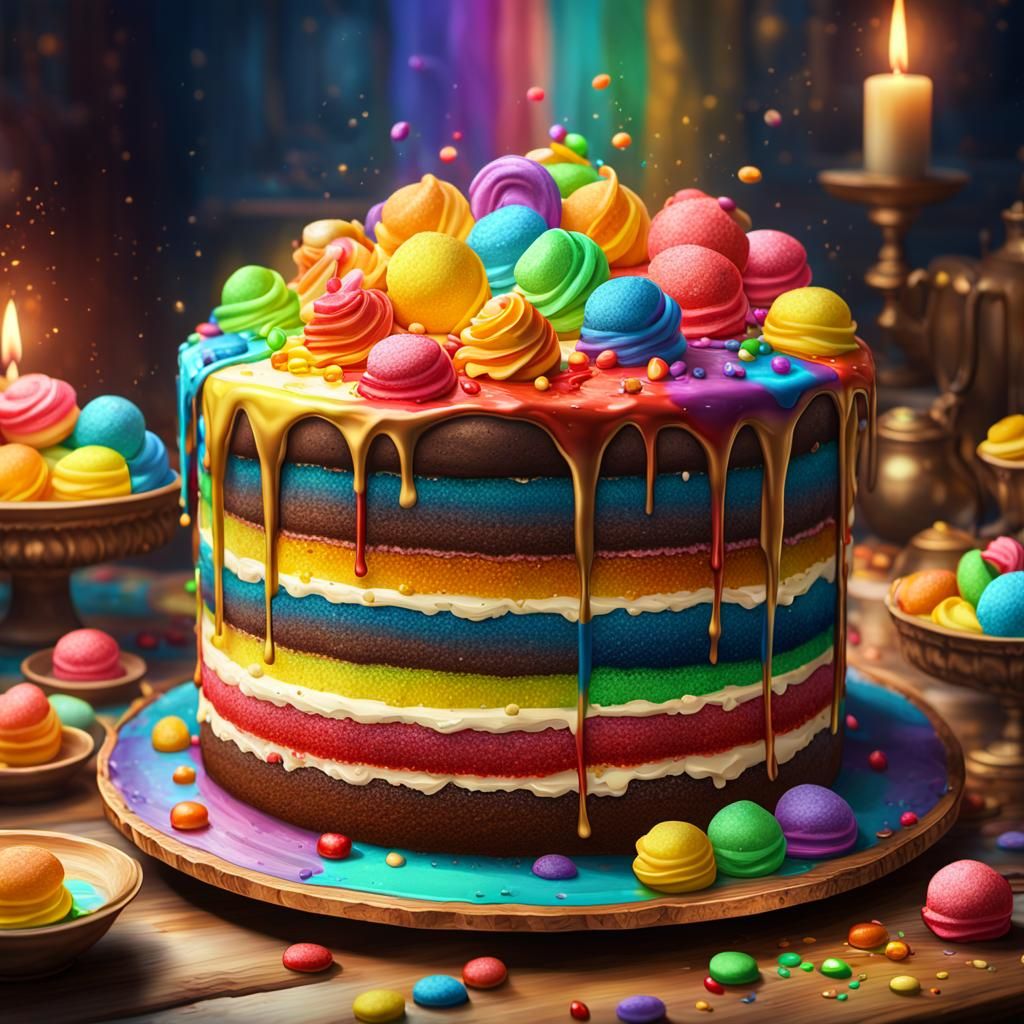 Rainbow Layer Cake with Sweets, Vibrant Oil Painting