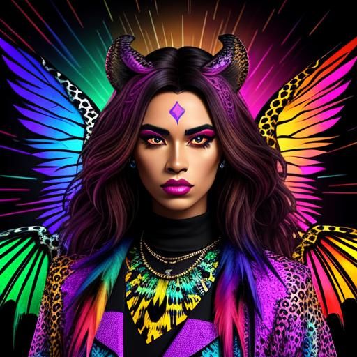 Synthwave Woman with Dragon Scales and Wings