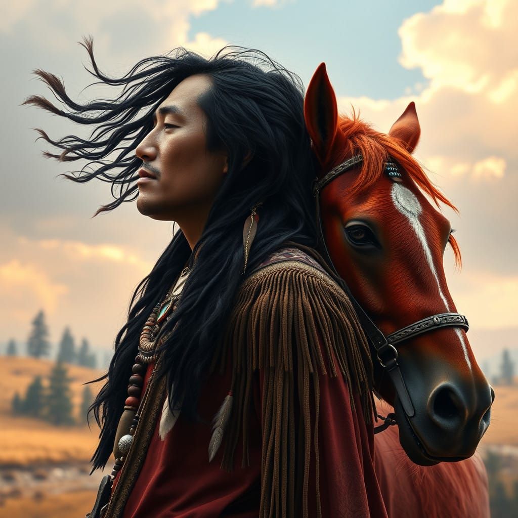 Native American Warrior in Serene Communion with Fiery Red S...