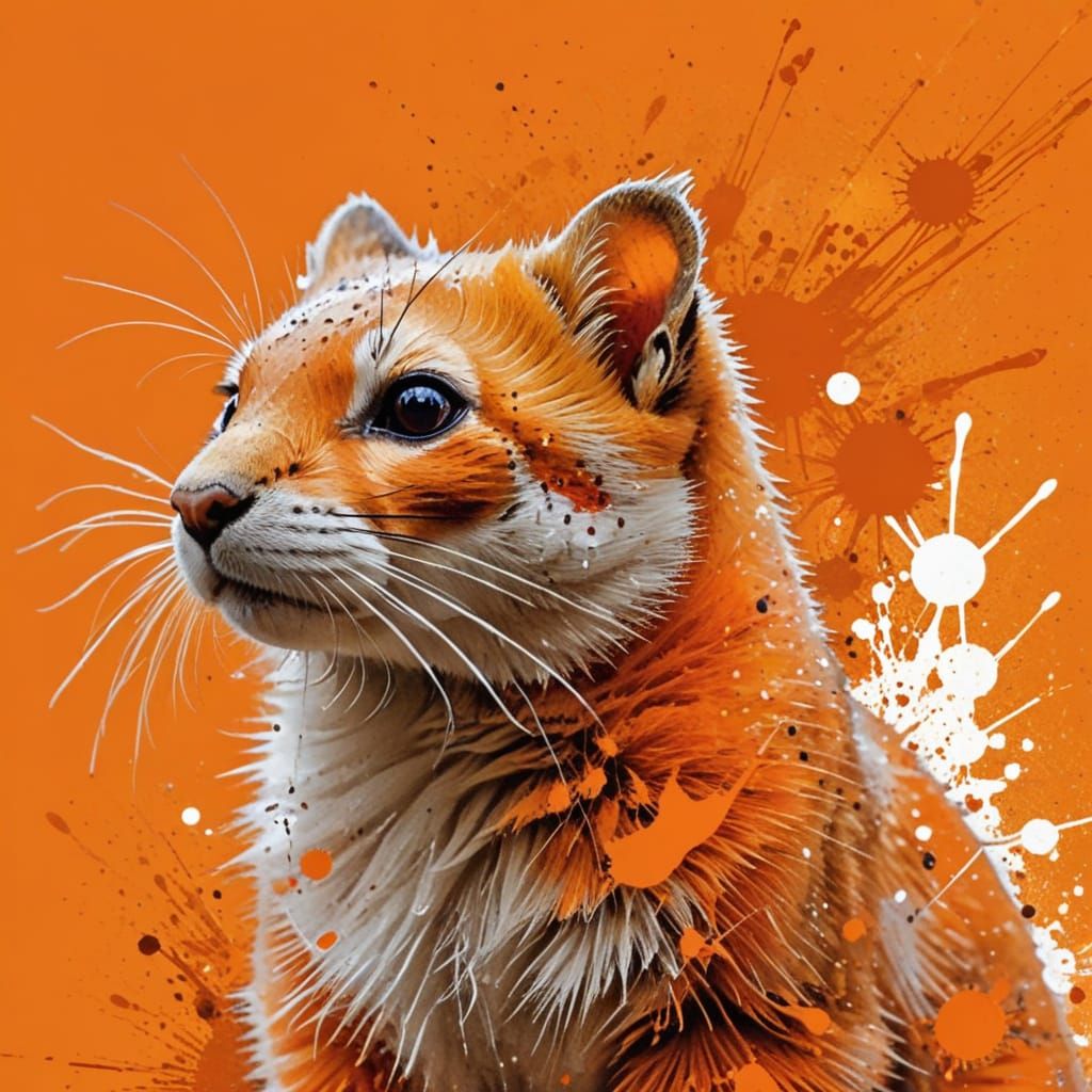Orange Ferret in Collage Style with Paint Splatter