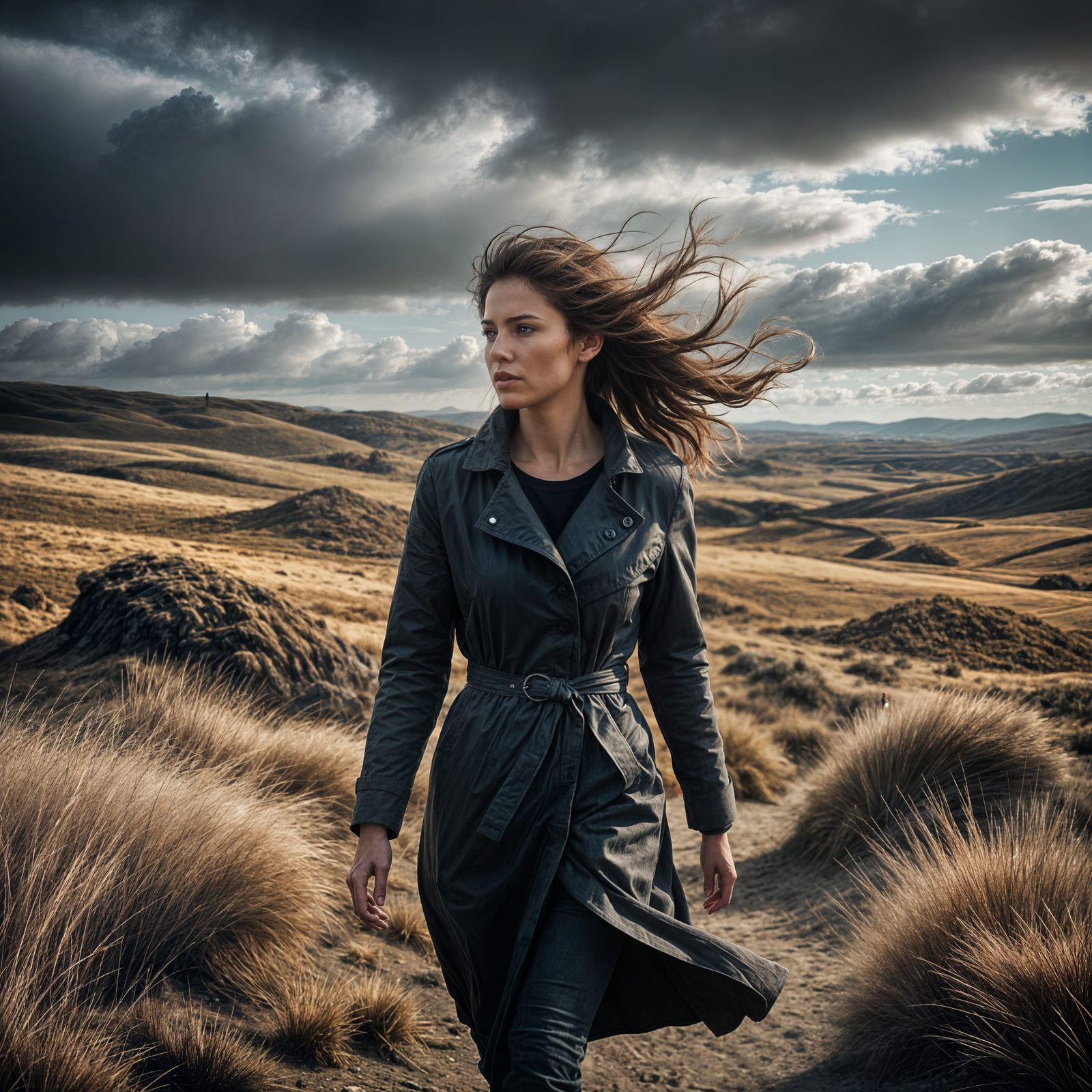 Windswept Woman: Hyperrealistic Landscape Photography