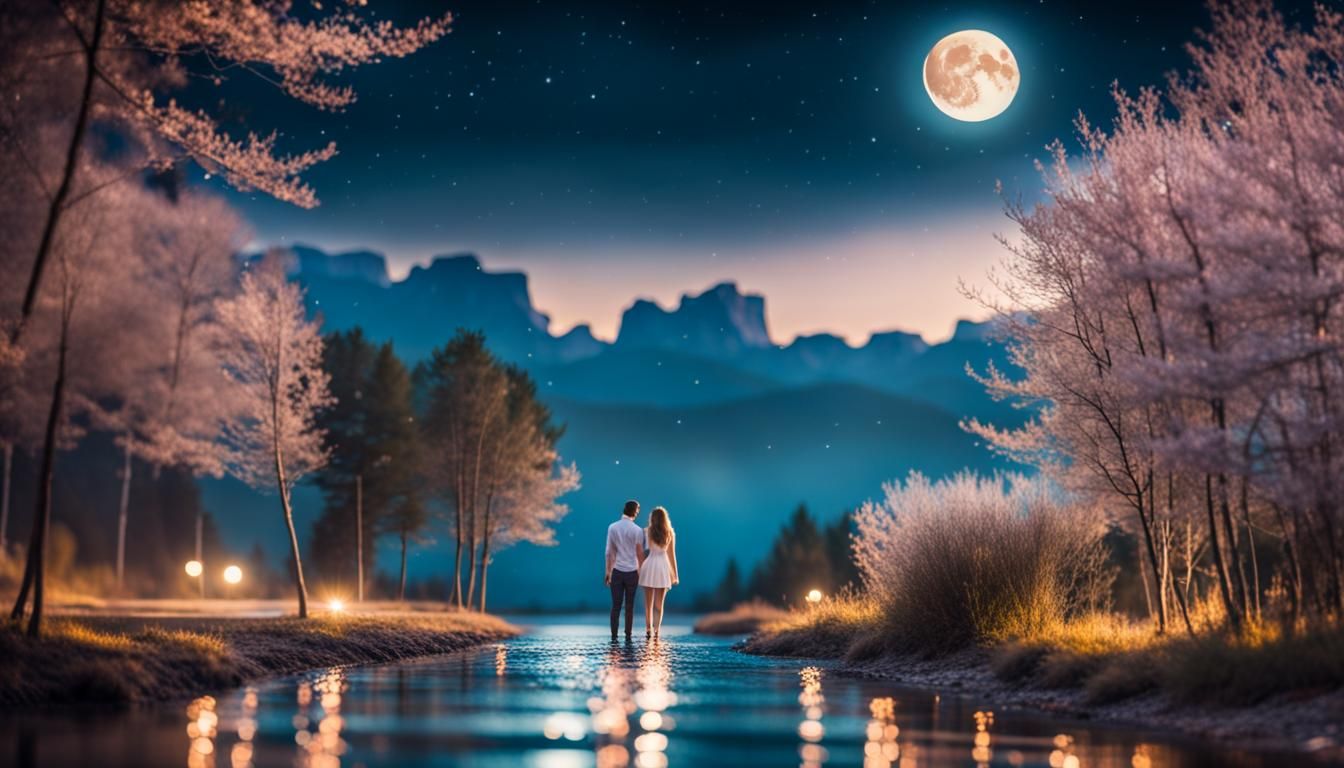 Lovers Holding Hands in Moonlit Water: Photography