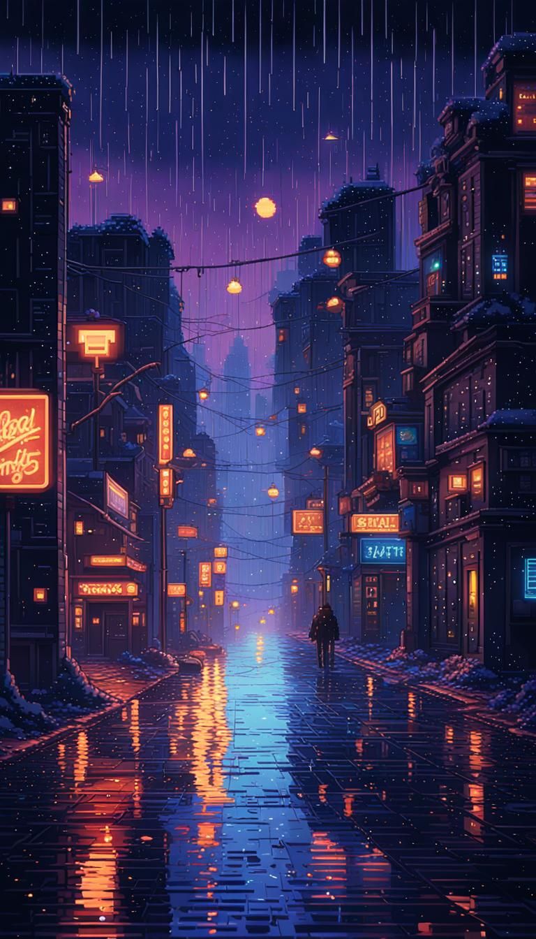 Gloomy 16-bit Pixel Art Cityscape at Night