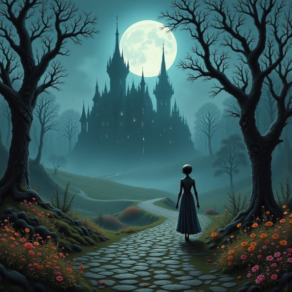 Robot Alien Walks to Gothic Manor in Fog