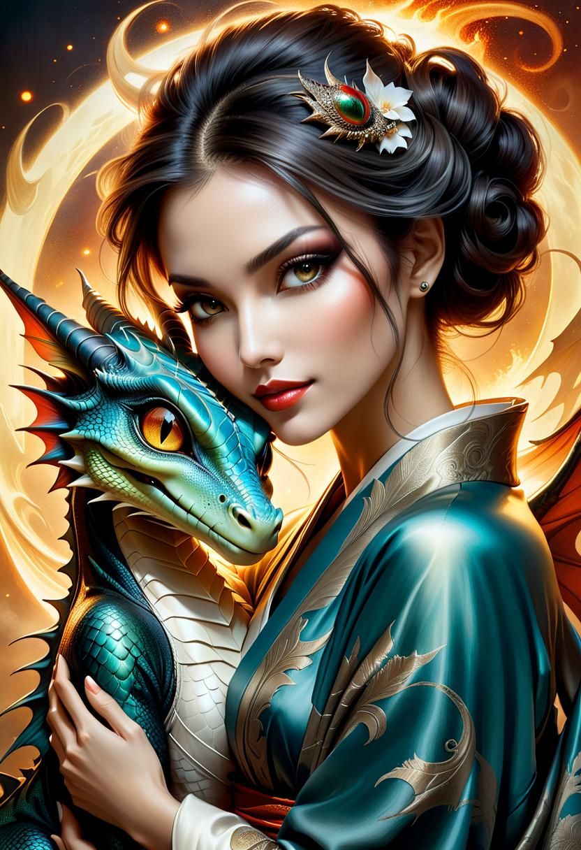 Dreamlike Woman and Dragon Hatchling Portrait