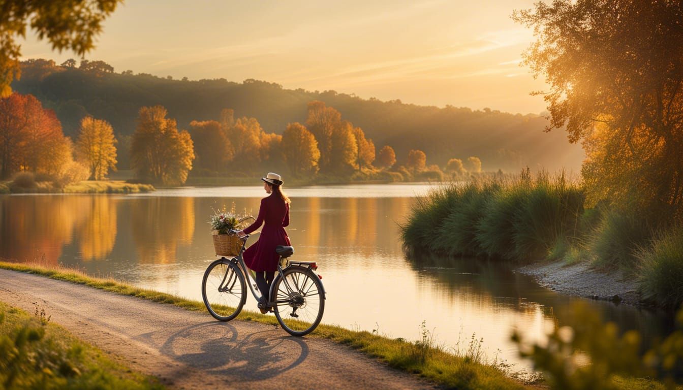 Elegant Woman Cycling Along Waterside Trail