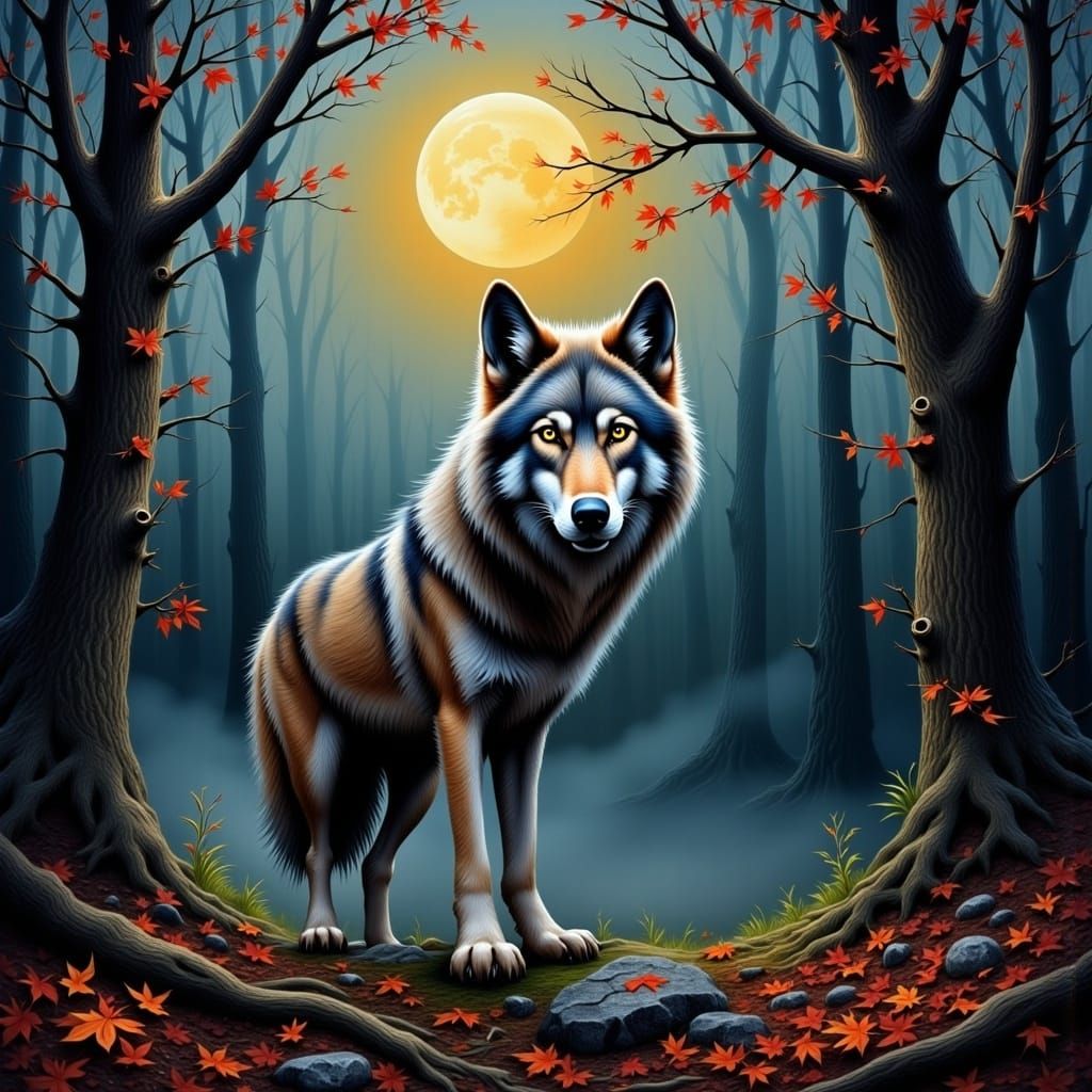Majestic Wolf in Moonlit Forest, Romantic Realism