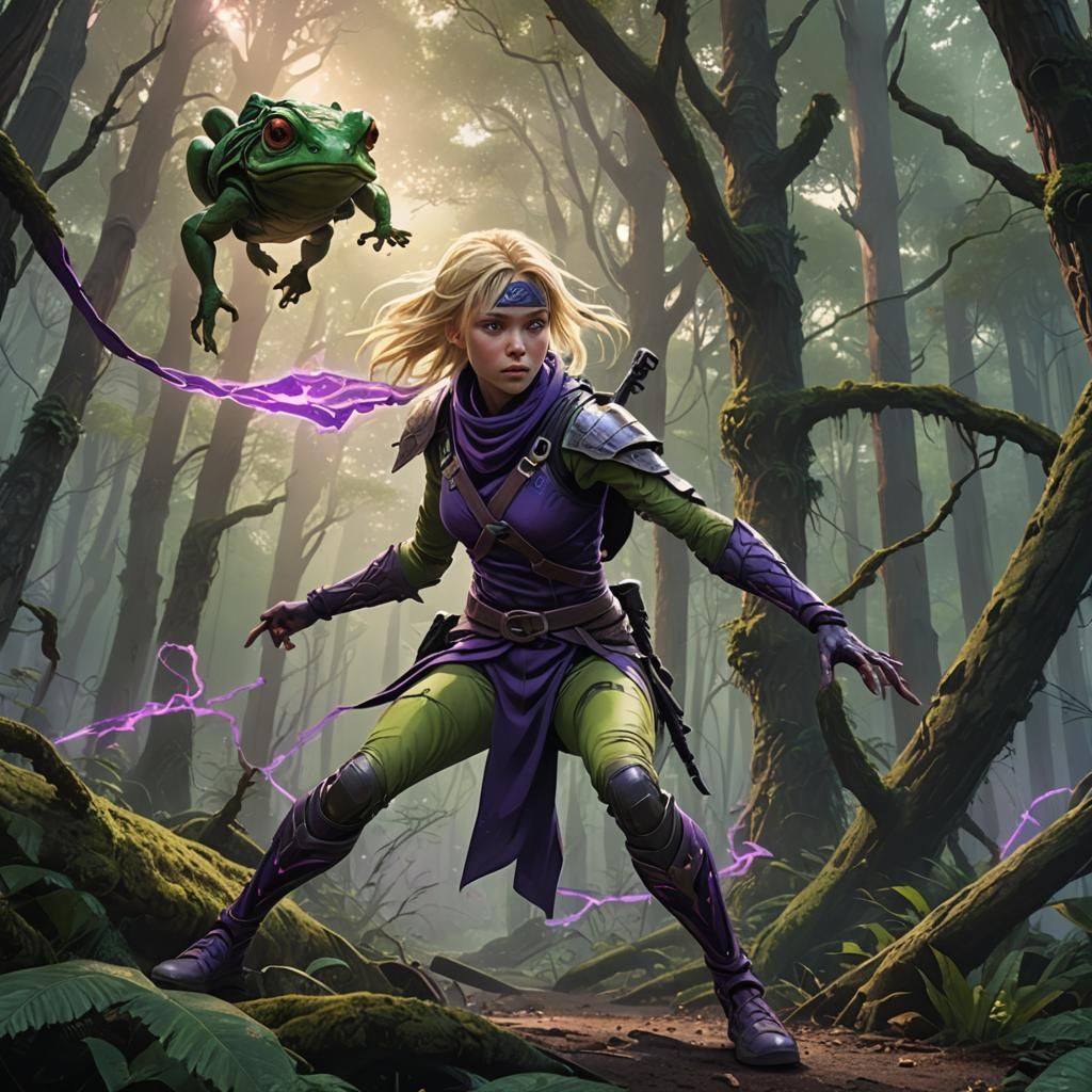 Ninja Warrior Battles Frog Alien in Mystical Forest