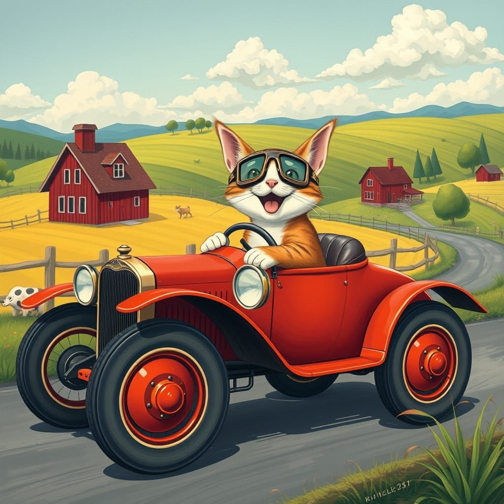 Cat Drives Vintage Car Through Whimsical Farm Landscape