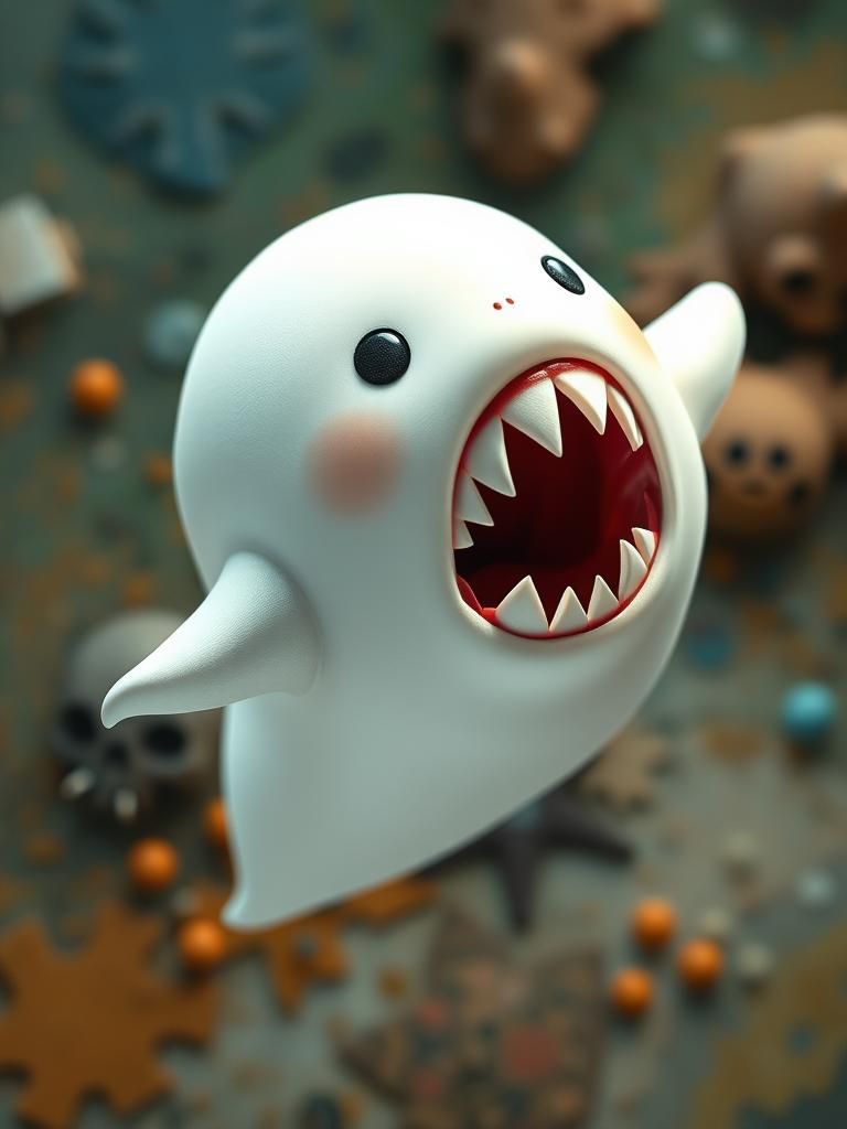 Cute Ghost with Shark Teeth Levitating