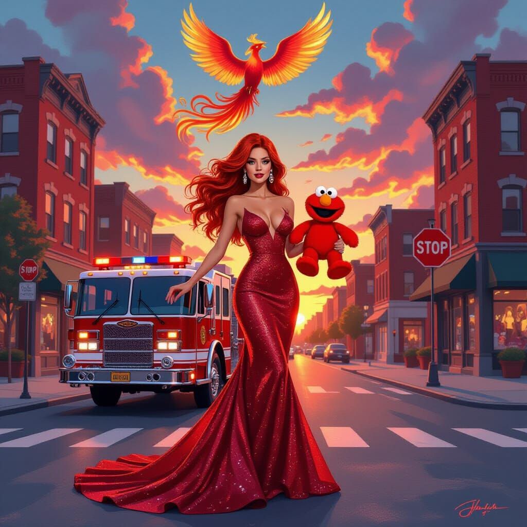 Red Haired Woman with Phoenix in Neon Cityscape