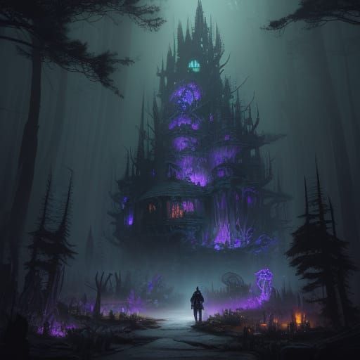 Enchanted Alien Forest Trading Post in Dark Fantasy Style