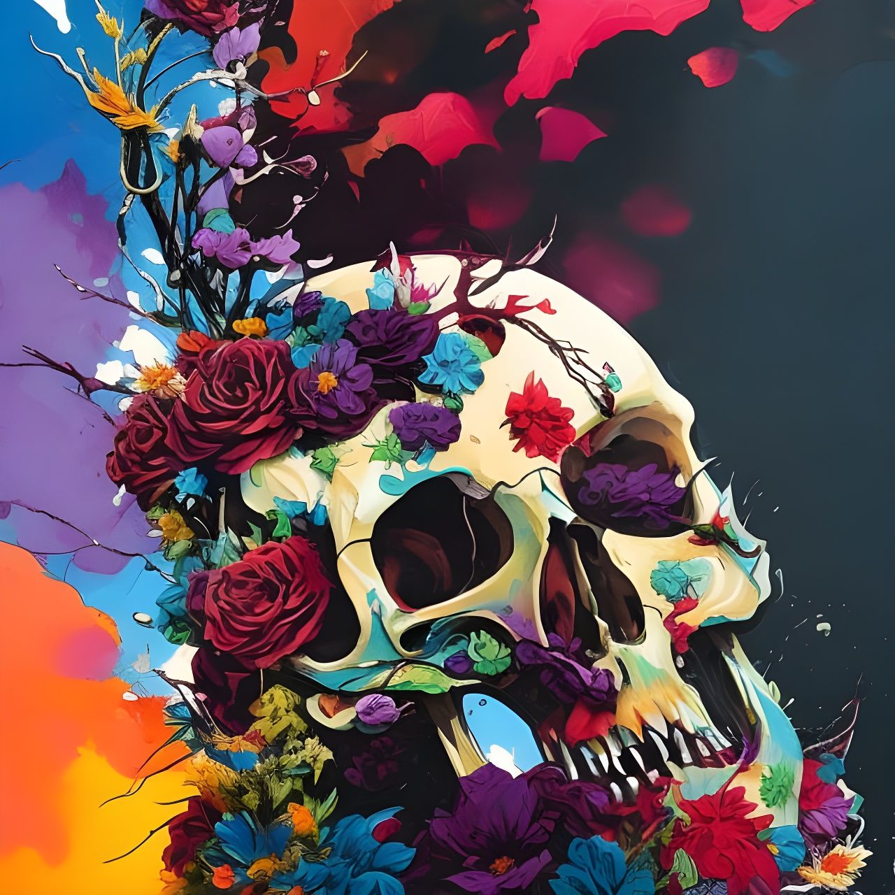 Flowery Skull in Hyperdetailed Gouache Illustration