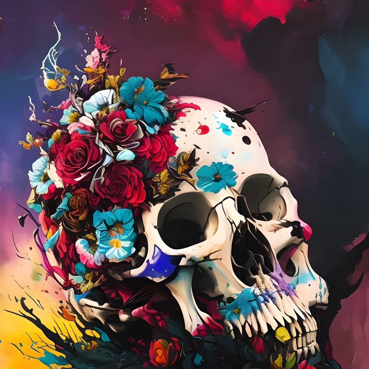 Flowery Skull in Oil Splash Style