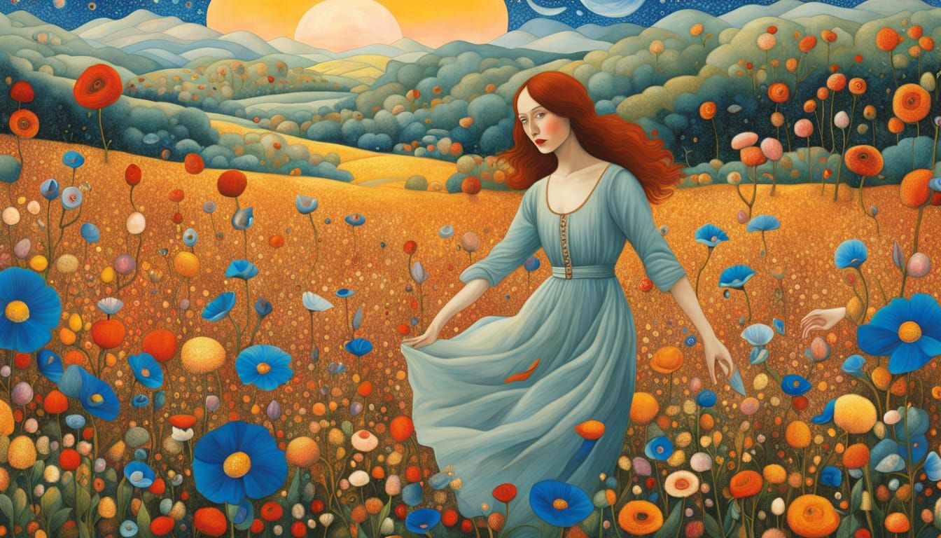 Surreal Flying Woman Over Snowy Mountains in Vibrant Field