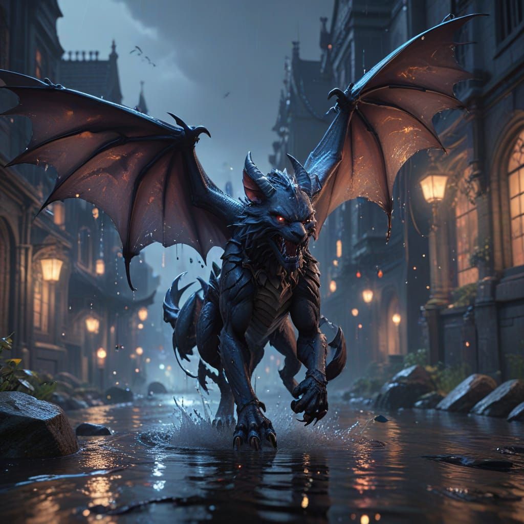 Dark Fantasy Gargoyles in a Rainy Cityscape