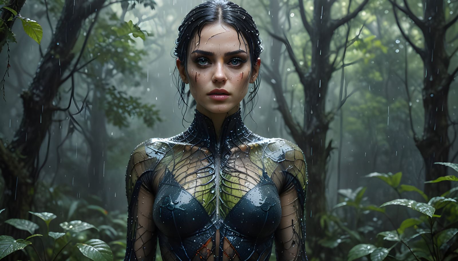 Cyberpunk Goddess in Rainforest Skin-tight Cyberwear