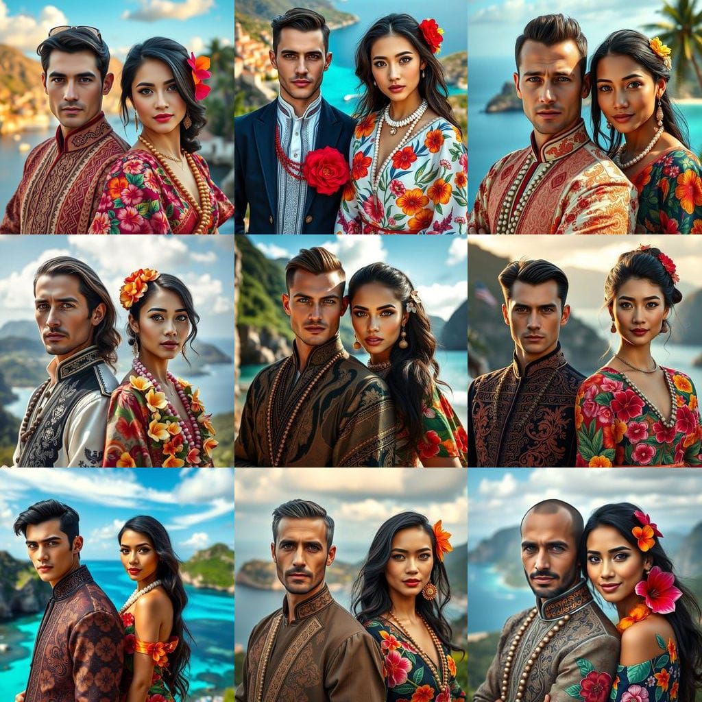 Elegant Croatian-Tahitian Couple in Traditional Attire