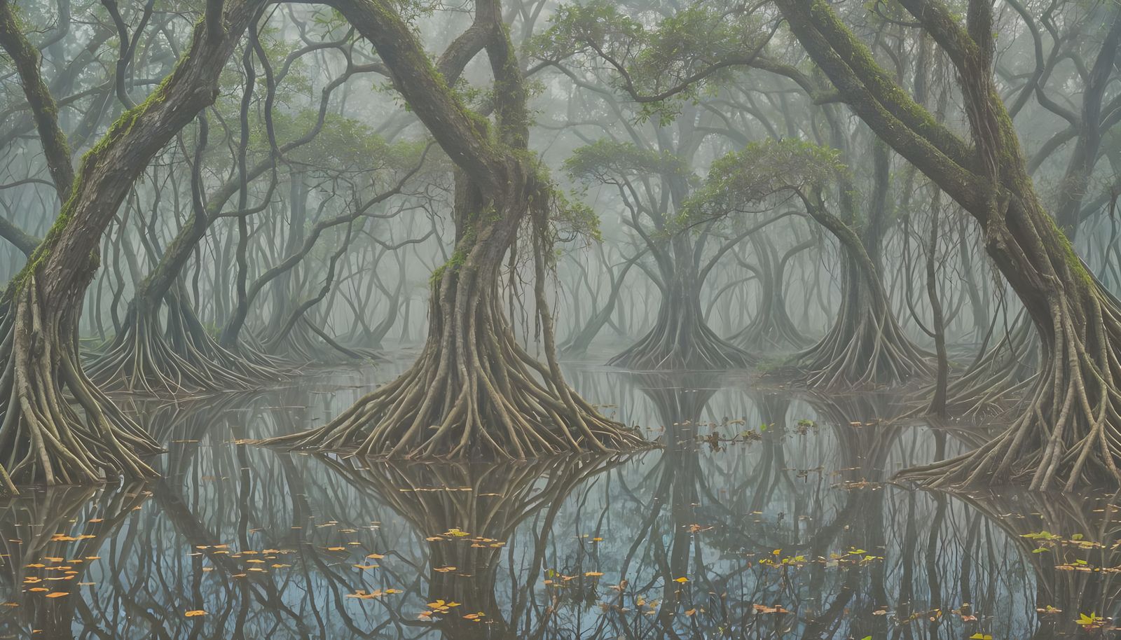 Eerie Mangrove Swamp Forest in Fog