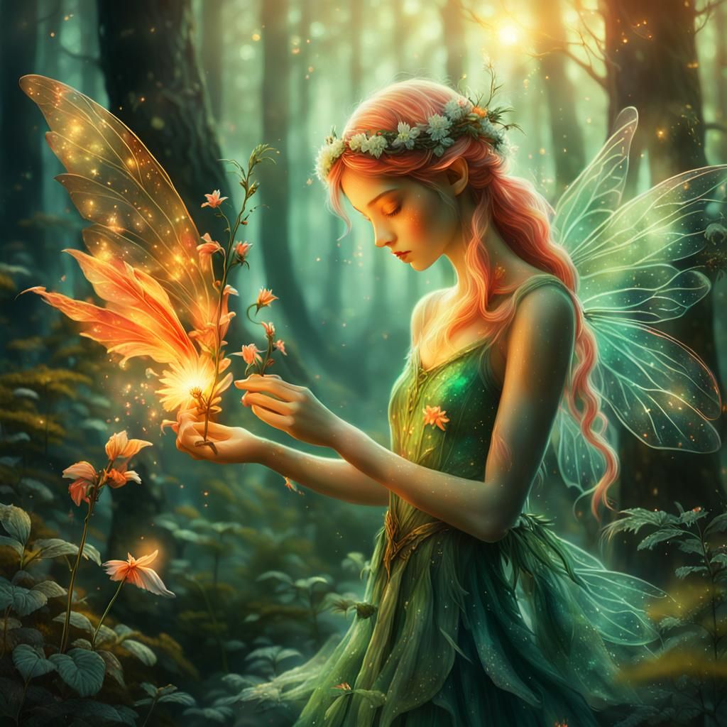 Fire Fairy Tending to Forest in Magical Realism