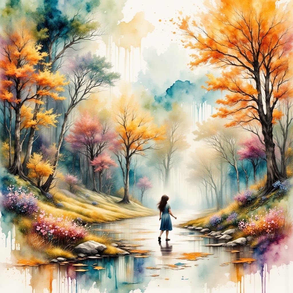Autumn Downpour in Watercolor Style