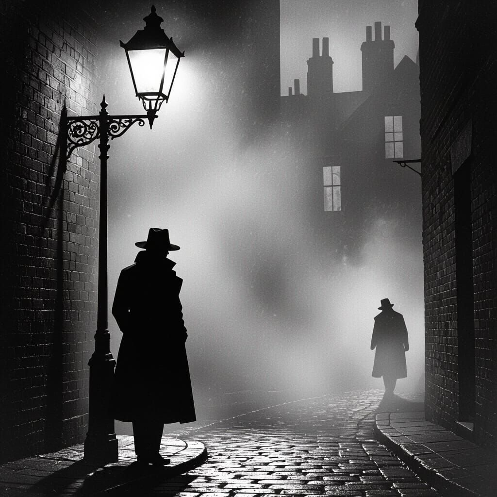 Pulp art style. A detective in a trench coat and hat stands ...