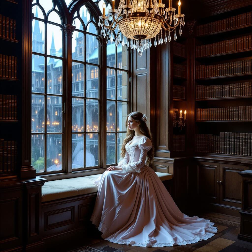 Victorian Woman in a Grand Ancient Library