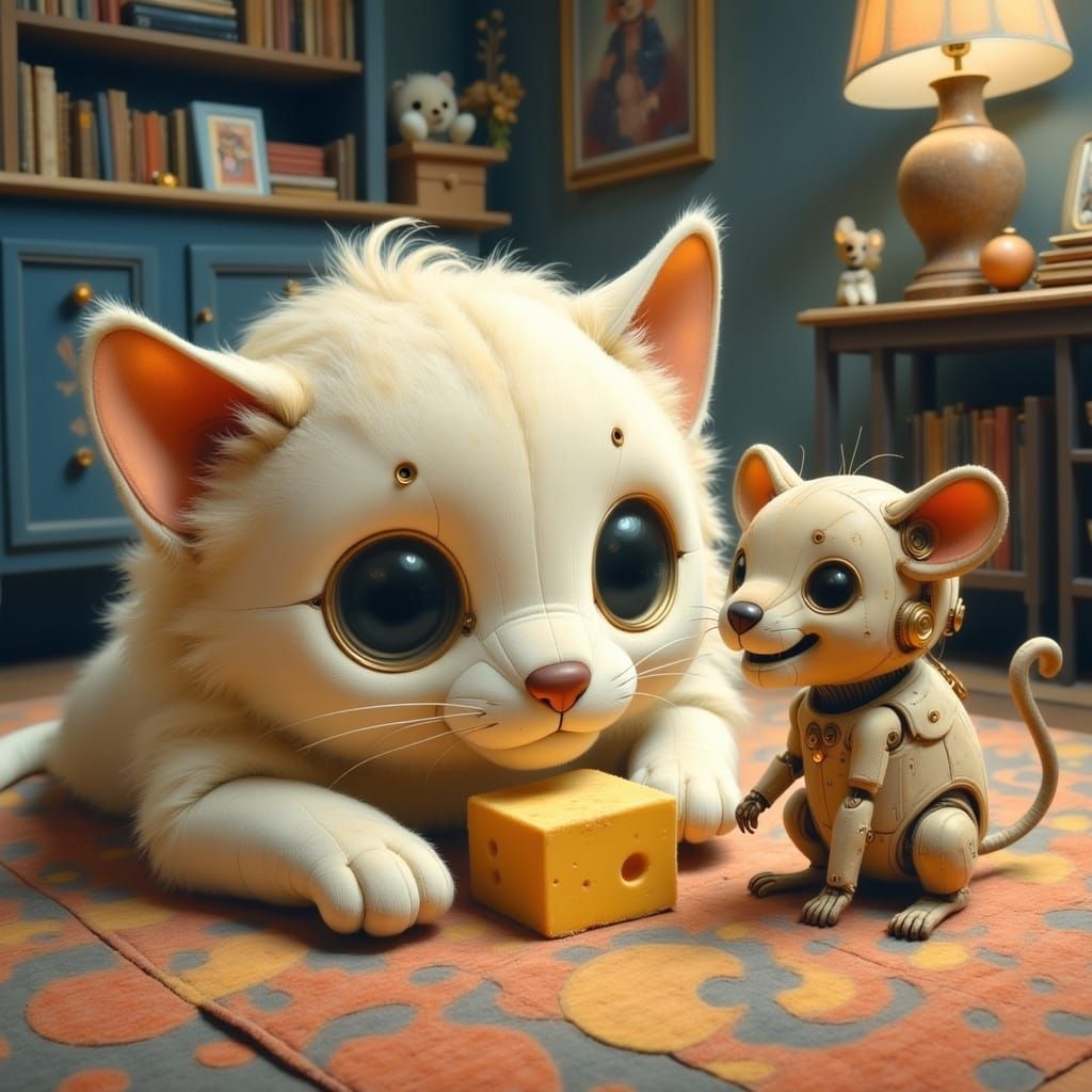 Whimsical Fantasy Scene of Cat and Mouse in Cozy Living Spac...