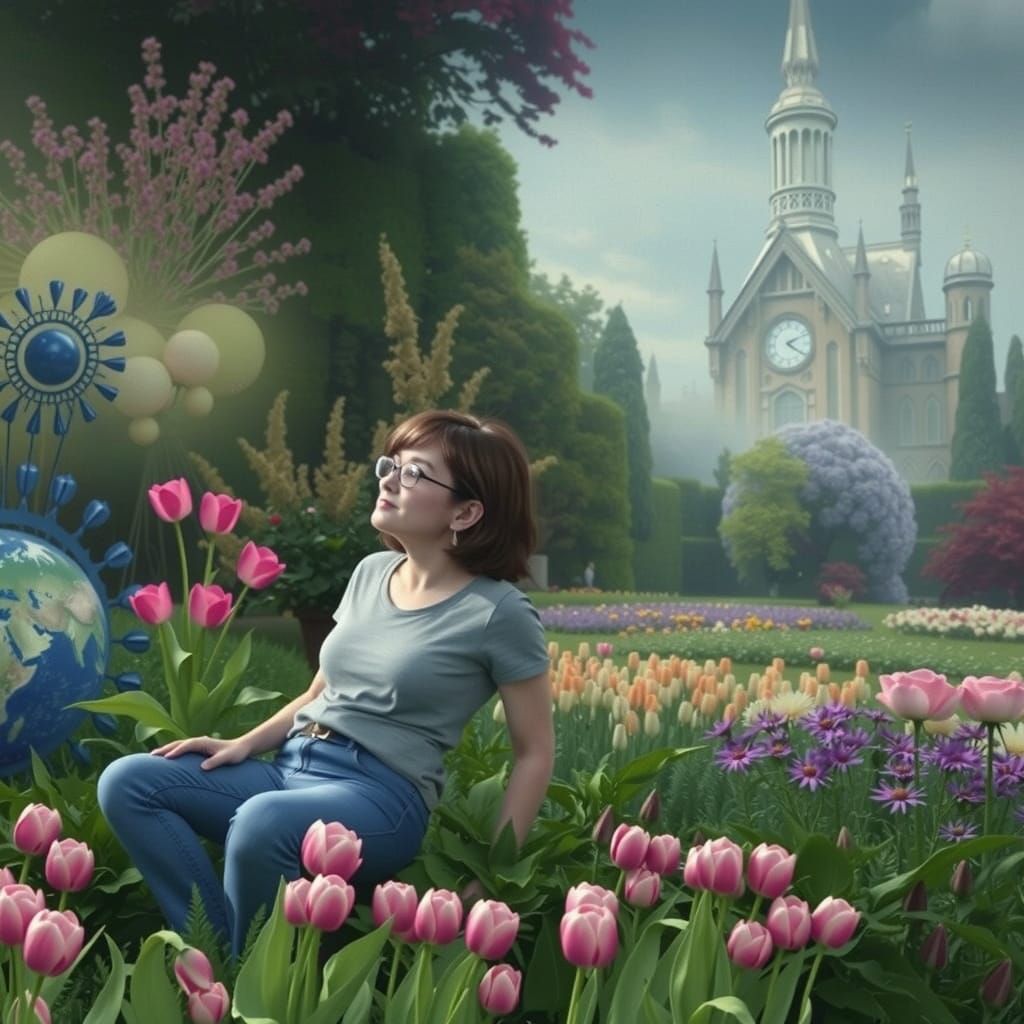 Woman Making Silly Face in Tulip Garden