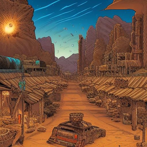 Desert Town in Comic Book Art Style