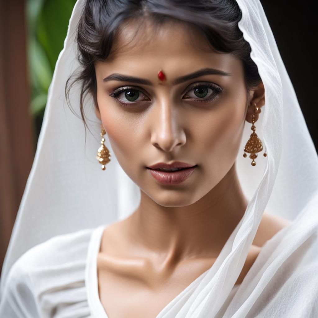 Woman in Wet Sari: Close-up Front View