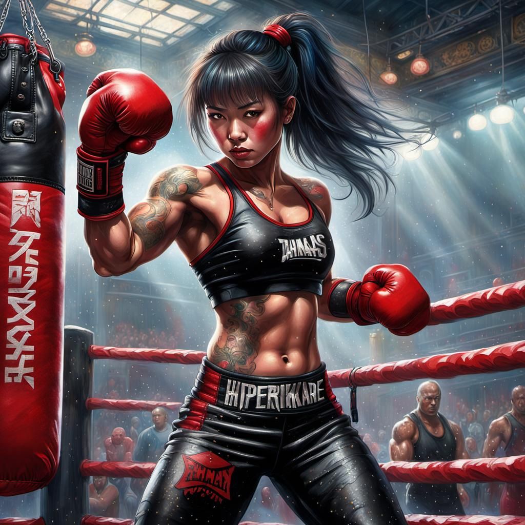 Glam Goth Asian Woman Training as Body Builder