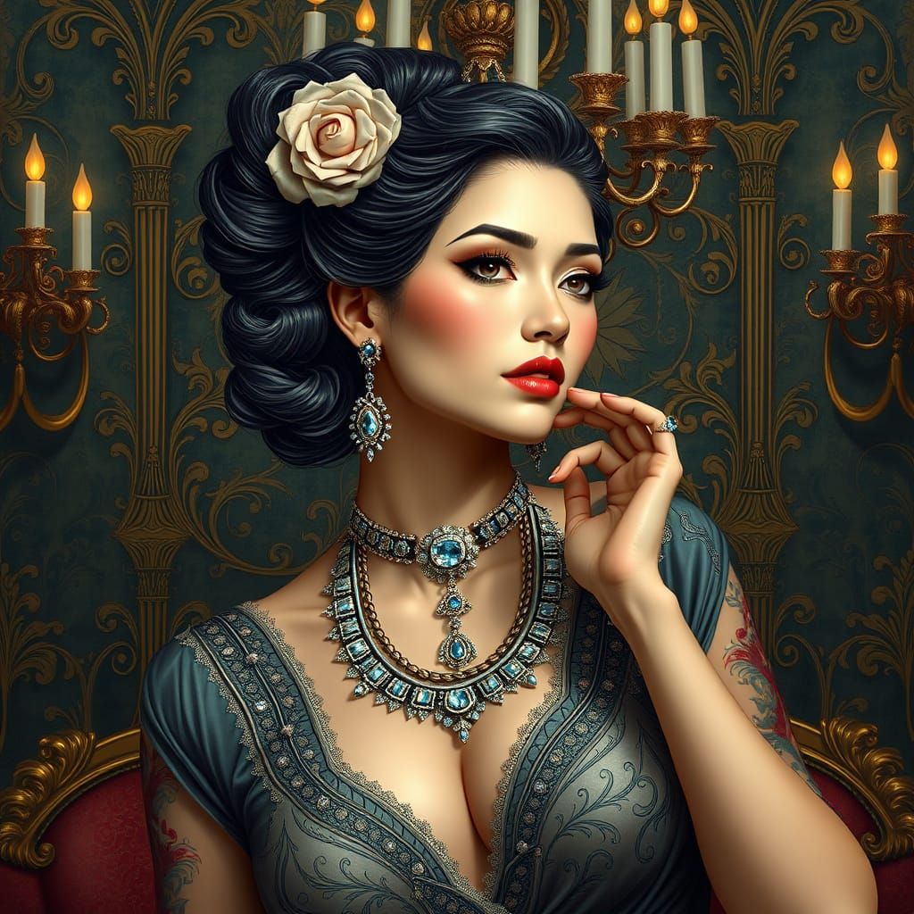 Ornate Woman in Lavish Classical Setting