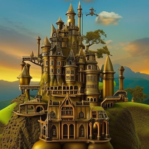 Steampunk Castle in Fairy Tale Landscape