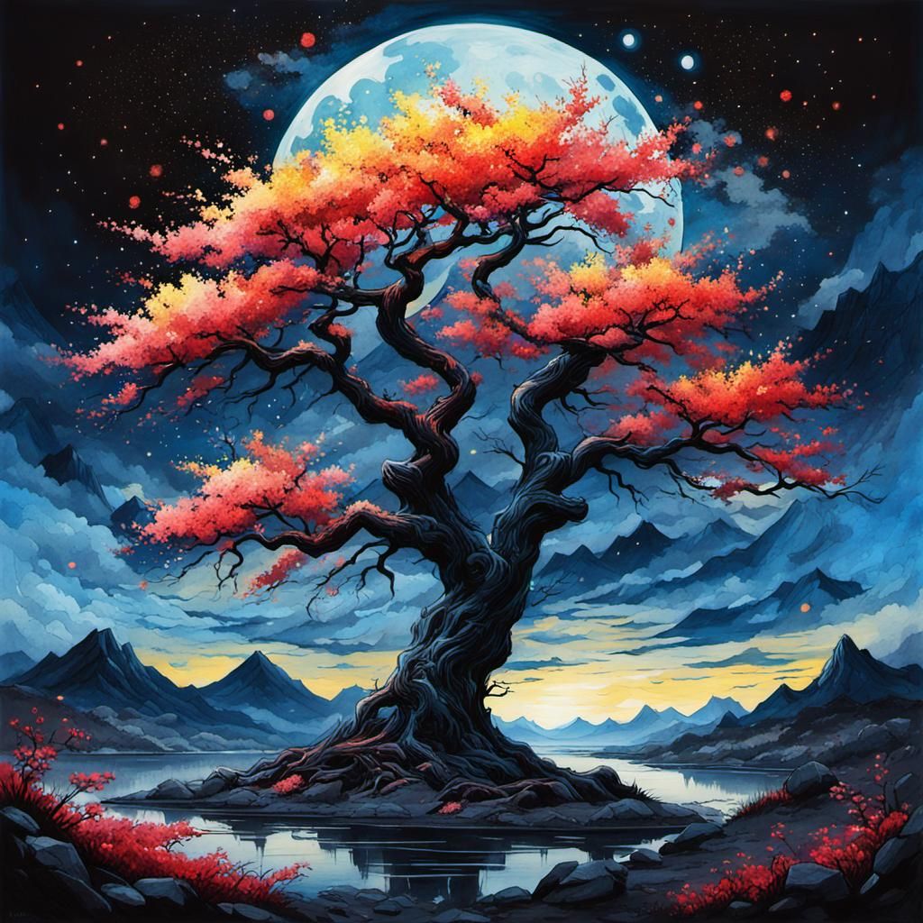 Sakura Tree Under Night Sky: Oil, Watercolor and Ink