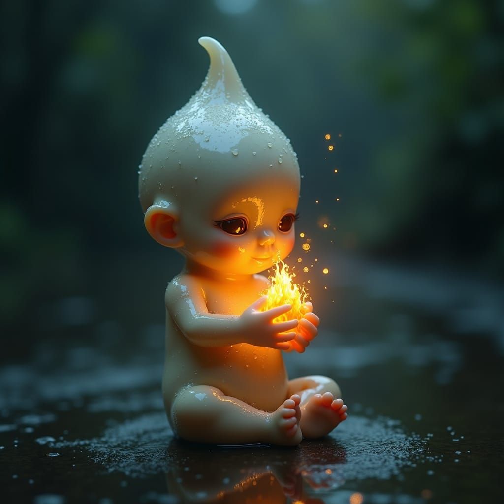Translucent Raindrop Man Holds Fiery Baby