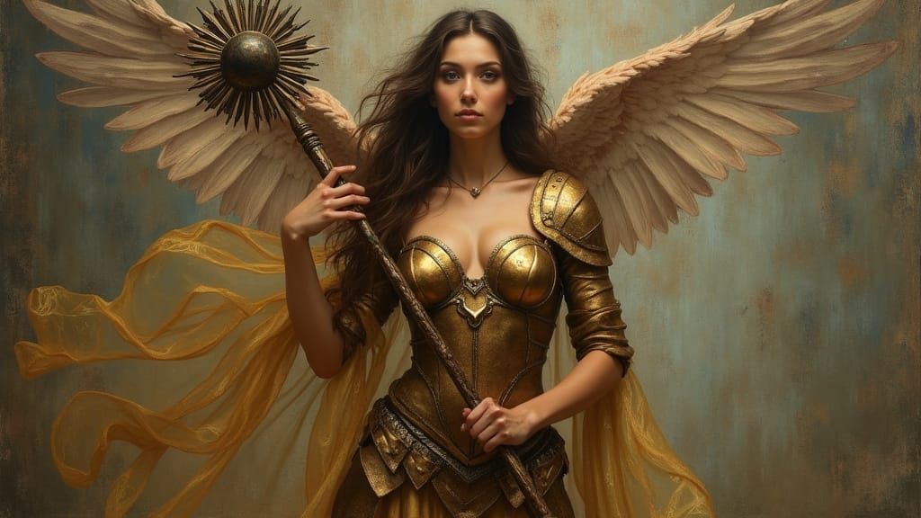 Hawkwoman in Bronze Armor: Tonalist Oil Painting