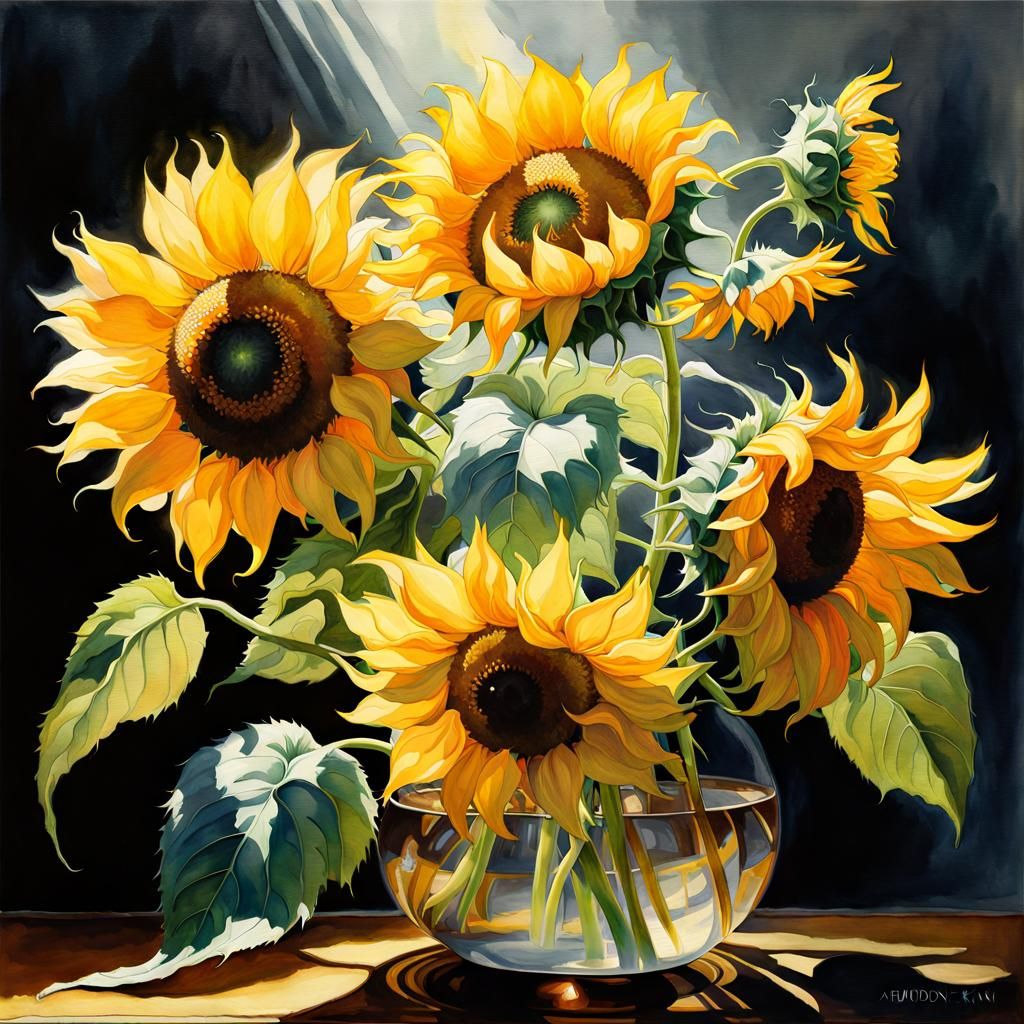 Botanical Sunflower Bouquet in Art Deco Watercolor